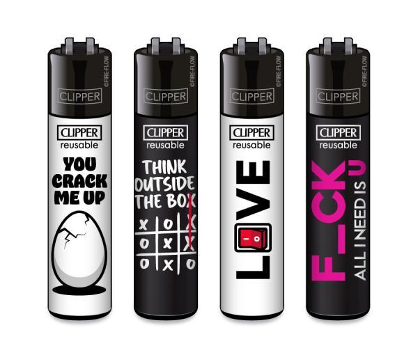 Clipper CLASSIC Large – Statements #12 4er Set mit „You crack me up“, „Think outside the box“, „LOVE“ und „F-CK – all I need is U“; nachfüllbar, Softflame, Stopfhilfe.